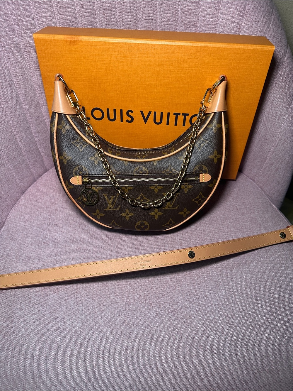Authenic Louis Vuitton Monogram Loop Pm Shoulder Bag with Gold Chain